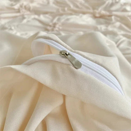 Elegant Ruffle Flower Quilt Cover Set | Cotton Polyester Blend | Pinch Pleated Design | Includes Quilt Cover and Pillowcases | Zipper Closure with Corner Ties | Machine Washable | Available in White, Black, Beige