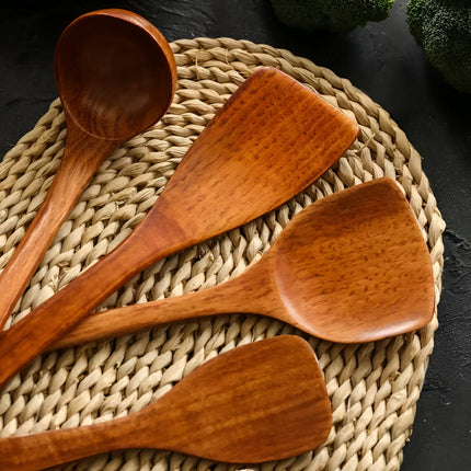 Premium 4-Piece Wooden Kitchen Utensil Set | Durable Hardwood Tools | Scratch-Free for Non-Stick Cookware | Includes Ladle, Spatulas & Spoon | Easy to Clean | Space-Saving Storage with Hanging Holes