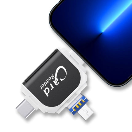 4-in-1 Universal Memory Card Reader | USB/USB C/Micro USB/Lightning Ports | SD TF Card Compatibility | Supports Up to 400GB | Compact Design with Keychain