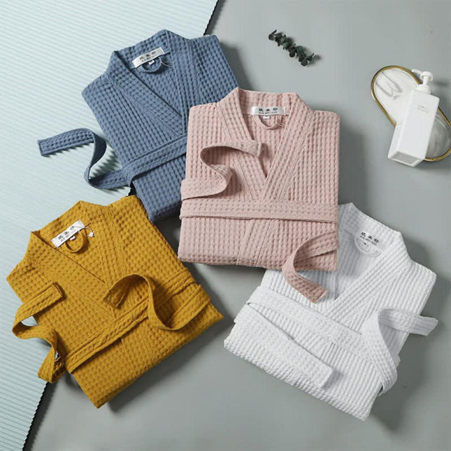 V-neck Cotton Waffle Bathrobe | Ultra-Soft | Breathable | Adjustable Waistband | Practical Pockets | Double-Layered | Relaxed Fit | Suitable for Spring, Summer, Autumn | Machine Washable | Lightweight Loungewear