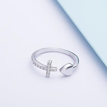 Unique Design S925 Sterling Silver Cross Heart Ring | Adjustable | Nickel and Lead-Free | White Gold Plated | Versatile Jewelry Gift for Loved Ones