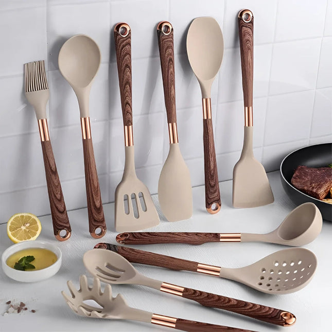 Luxe Silicone Utensils Set | 10 Pieces | Heat-Resistant | Ergonomic Handles | Easy-to-Clean Kitchen Tools | High-Quality Silicone | Stirring, Flipping, Serving | Dishwasher Safe | Modern Cooking Essentials