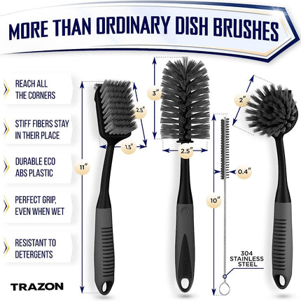 Dish Brush Set of 4 | Includes Handle Dish Brush, Bottle Scrubber, Straw Cleaner | Ideal for Pots, Pans, Bowls, Sinks | Extra Bristles for Corners | Built-In Scraper | Long Neck & Stainless Steel Elements