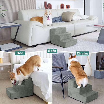 Dog Steps for Small Pets | High-Density Foam | Non-Slip | Wood Climbing | Easy Clean | Fits High Beds & Sofas | Practical Nordic Design | Support for Cats & Elderly Dogs | Gray 3-Step with Removable Cover