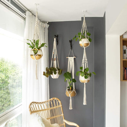 Handmade Macrame Plant Hanger Set | 4-Piece Boho Decor | Vintage Ivory Cotton Rope | Hanging Planters for Indoor Plants | Fits Pots Up to 7" | Eco-Friendly and Durable | Perfect for Home Indoor Use