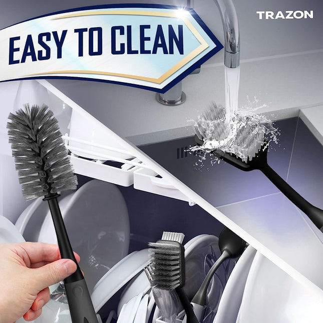 Dish Brush Set of 4 | Includes Handle Dish Brush, Bottle Scrubber, Straw Cleaner | Ideal for Pots, Pans, Bowls, Sinks | Extra Bristles for Corners | Built-In Scraper | Long Neck & Stainless Steel Elements