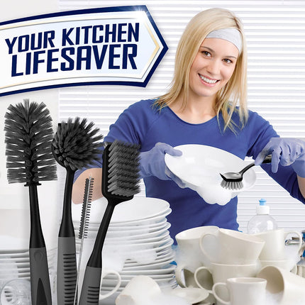 Dish Brush Set of 4 | Includes Handle Dish Brush, Bottle Scrubber, Straw Cleaner | Ideal for Pots, Pans, Bowls, Sinks | Extra Bristles for Corners | Built-In Scraper | Long Neck & Stainless Steel Elements