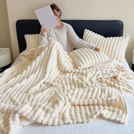 Faux Rabbit Fur Throw Blanket | Double-Sided Flannel | Thick & Warm | Reversible Soft Fleece | Elegant Textured Design | Cozy Addition for Sofa & Bed | Multiple Colors & Sizes | Easy-Care Machine Washable