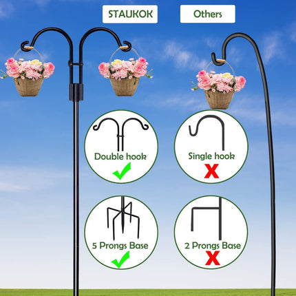 Double Shepherds Hooks | 60 Inch Bird Feeder Pole Set | Heavy Duty Metal with 5 Prongs Base | Versatile Garden Hanging Solution for Feeders, Lanterns, Plants | Rustproof Outdoor Decorative Accent