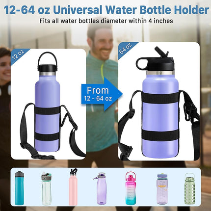 Universal Water Bottle Carrier Strap | Adjustable Shoulder Strap | Compatible with 12-64 Oz Bottles | Polyester & Rubber | Fits Wide & Standard Bottles | Three Carry Options | Hiking & Outdoor Use