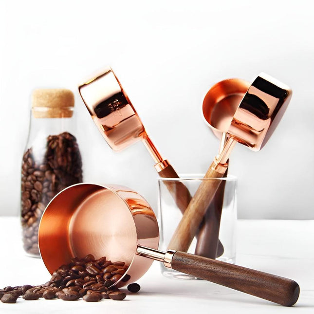 Copper-Plated Stainless Steel Measuring Cups and Spoons Set | Walnut Handle | Engraved Markings | Non-Slip Grip | Perfect for Baking and Cooking | Set of 8 | Ideal as Gift for Kitchen Enthusiasts