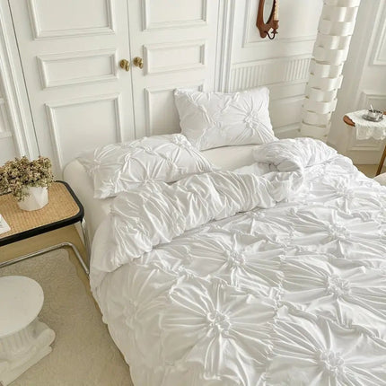 Elegant Ruffle Flower Quilt Cover Set | Cotton Polyester Blend | Pinch Pleated Design | Includes Quilt Cover and Pillowcases | Zipper Closure with Corner Ties | Machine Washable | Available in White, Black, Beige