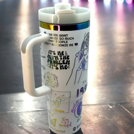 Taylor Swift Inspired Stainless Steel Tumbler | Insulated Leak-Resistant Design | Custom Lyrics & Sketches | Double-Wall Vacuum Sealed | Durable & Rust-Resistant | Ergonomic Handle | Dishwasher Safe | Travel Friendly