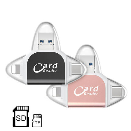 4-in-1 Universal Memory Card Reader | USB/USB C/Micro USB/Lightning Ports | SD TF Card Compatibility | Supports Up to 400GB | Compact Design with Keychain