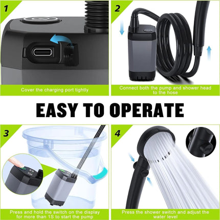 Portable Electric Shower | Outdoor Adventures | 6000mAh Battery | Type C Charging | LED Display | Low Noise | Adjustable Shower Modes | Water Purification | Lightweight & Compact | Includes Suction Cups & Storage Bag