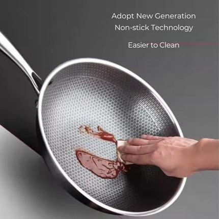 Stainless Steel Titan Pan | Food-Grade 304 | Three-Layer Design | Non-Stick Surface | Ergonomic Stay-Cool Handle | Brushed Finish | Compatible with All Stovetops | Dishwasher Safe | Tempered Glass Lid Included