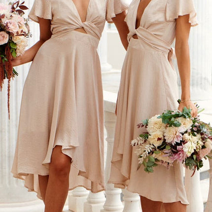 Women's High-Low Satin Dress | Sunny Daze | Champagne | Butterfly Sleeves | Fitted Waistband | Occasion Wear