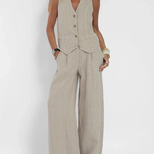 Solid Two-Piece Women's Set | Sleeveless V-Neck Gilet & Pants | Versatile Summer Outfit | Neutral Colors | S-2XL | Timeless Design