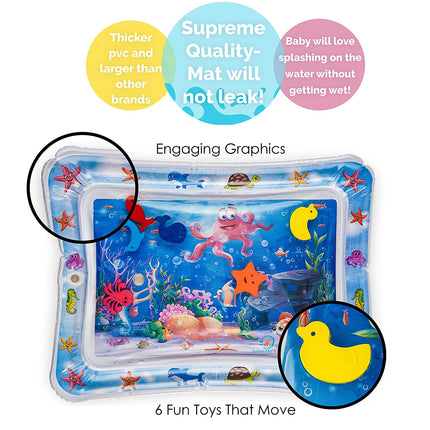 Inflatable Baby Tummy Time Mat | Premium Water Play Pad | Stimulates Development | BPA Free | Leak-Proof PVC | Easy Setup | Sensory Toy with Floating Graphics | Ideal for Infants 3+ Months | 26"x20"