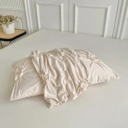 Elegant Ruffle Flower Quilt Cover Set | Cotton Polyester Blend | Pinch Pleated Design | Includes Quilt Cover and Pillowcases | Zipper Closure with Corner Ties | Machine Washable | Available in White, Black, Beige