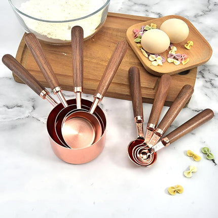 Copper-Plated Stainless Steel Measuring Cups and Spoons Set | Walnut Handle | Engraved Markings | Non-Slip Grip | Perfect for Baking and Cooking | Set of 8 | Ideal as Gift for Kitchen Enthusiasts