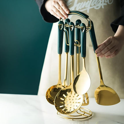 Golden Stainless Steel Cooking Utensil Set | Ergonomic Rust-Resistant Kitchen Tools | Includes Spatula, Frying Spatula, Cooking Spoon, Colander, Noodle Server, Scraping Spoon, Storage Rack | Dishwasher Safe