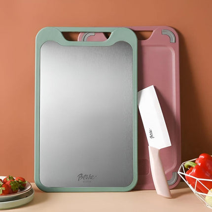 Dual-Side Stainless Steel Cutting Board | Eco-Friendly Rice Husk | Built-In Garlic Grinder | Scratch & Odor Resistant | Juice Groove | Kitchen Essential | Easy-Clean Surface | Safe Food Prep