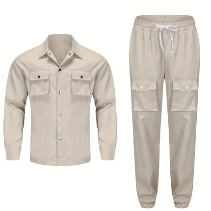 Heren Casual Twee-delige Set, Basic Stijl, Beige Werkjas En Joggingbroek Combo Met Meerdere Zakken, Comfortabele Pasvorm, Voor Lente Herfst Winter - Visconte
