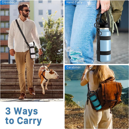 Universal Water Bottle Carrier Strap | Adjustable Shoulder Strap | Compatible with 12-64 Oz Bottles | Polyester & Rubber | Fits Wide & Standard Bottles | Three Carry Options | Hiking & Outdoor Use