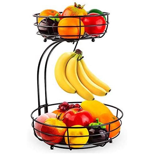 Iron 2-Tier Kitchen Fruit Vegetable Organizer with Banana Hanger | Raised Feet Stability | Easy Assembly | Classic Ferric Art Design
