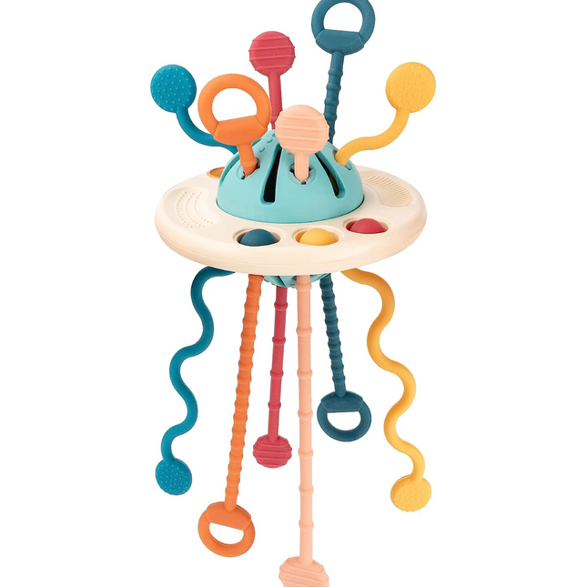 Baby Multi-Sensory Silicone Activity Toy | Fine Motor Skill Development | Vibrant Pull String & Button Features | Safe Phthalate-Free Materials | Travel-Friendly Ufo Design | Ideal for Babies & Toddlers