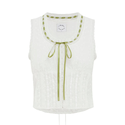 Adeline Blouse | Hook & Eye Front | Lace & Ribbon Details | Scoop Neckline | Corset Style Back | White/Green