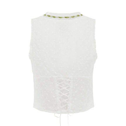 Adeline Blouse | Hook & Eye Front | Lace & Ribbon Details | Scoop Neckline | Corset Style Back | White/Green