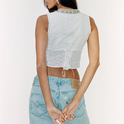 Adeline Blouse | Hook & Eye Front | Lace & Ribbon Details | Scoop Neckline | Corset Style Back | White/Green
