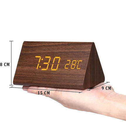 Wood Look LED Alarm Clock | Voice Control | Customizable Alarms | Adjustable Brightness | Temperature Display | Bedroom Decor