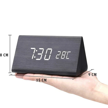 Wood Look LED Alarm Clock | Voice Control | Customizable Alarms | Adjustable Brightness | Temperature Display | Bedroom Decor