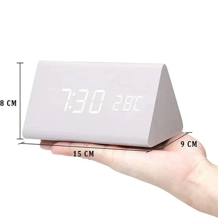 Wood Look LED Alarm Clock | Voice Control | Customizable Alarms | Adjustable Brightness | Temperature Display | Bedroom Decor