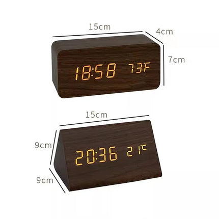 Wood Look LED Alarm Clock | Voice Control | Customizable Alarms | Adjustable Brightness | Temperature Display | Bedroom Decor