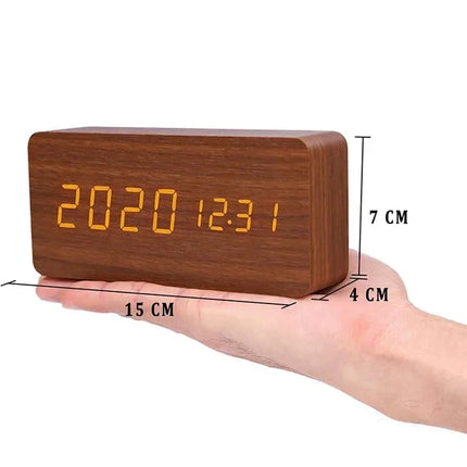 Wood Look LED Alarm Clock | Voice Control | Customizable Alarms | Adjustable Brightness | Temperature Display | Bedroom Decor
