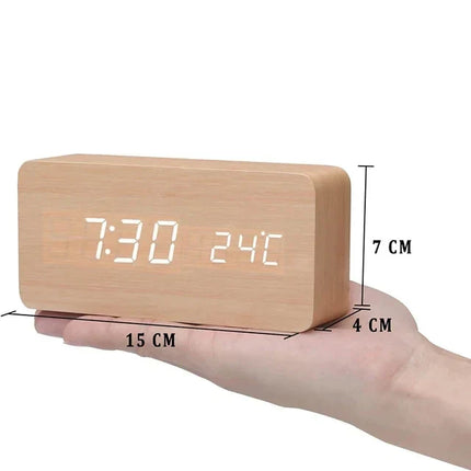 Wood Look LED Alarm Clock | Voice Control | Customizable Alarms | Adjustable Brightness | Temperature Display | Bedroom Decor