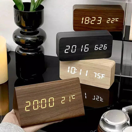 Wood Look LED Alarm Clock | Voice Control | Customizable Alarms | Adjustable Brightness | Temperature Display | Bedroom Decor
