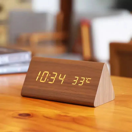 Wood Look LED Alarm Clock | Voice Control | Customizable Alarms | Adjustable Brightness | Temperature Display | Bedroom Decor