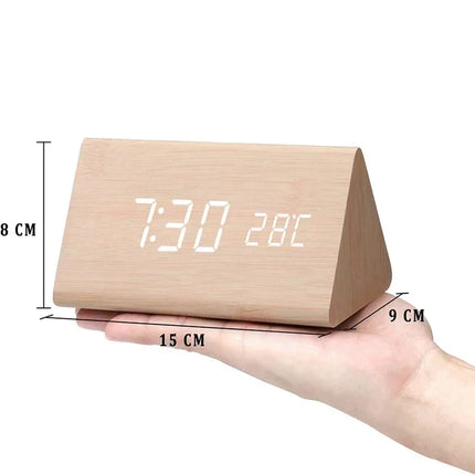 Wood Look LED Alarm Clock | Voice Control | Customizable Alarms | Adjustable Brightness | Temperature Display | Bedroom Decor