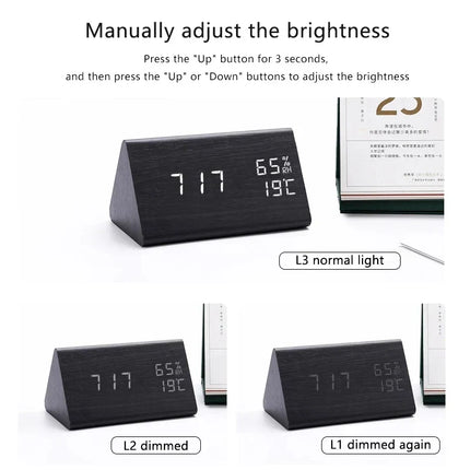 Wood Look LED Alarm Clock | Voice Control | Customizable Alarms | Adjustable Brightness | Temperature Display | Bedroom Decor