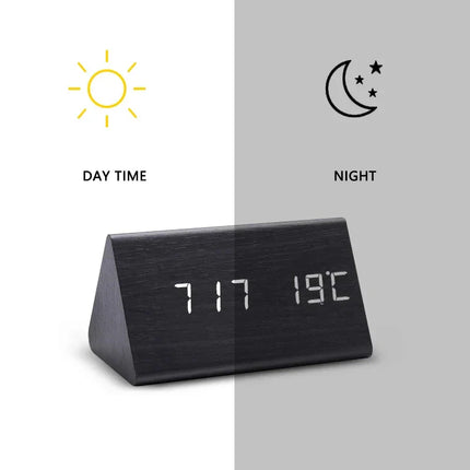 Wood Look LED Alarm Clock | Voice Control | Customizable Alarms | Adjustable Brightness | Temperature Display | Bedroom Decor
