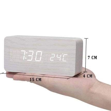 Wood Look LED Alarm Clock | Voice Control | Customizable Alarms | Adjustable Brightness | Temperature Display | Bedroom Decor