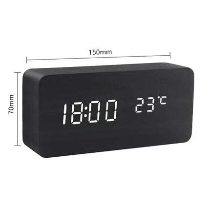 Wood Look LED Alarm Clock | Voice Control | Customizable Alarms | Adjustable Brightness | Temperature Display | Bedroom Decor