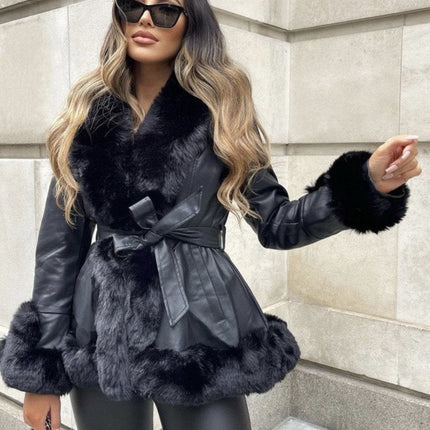 Debra Winter Hoodie with Fur Collar | V-Neck | Belted | Polyester Spandex | White | Sizes XS-2XL