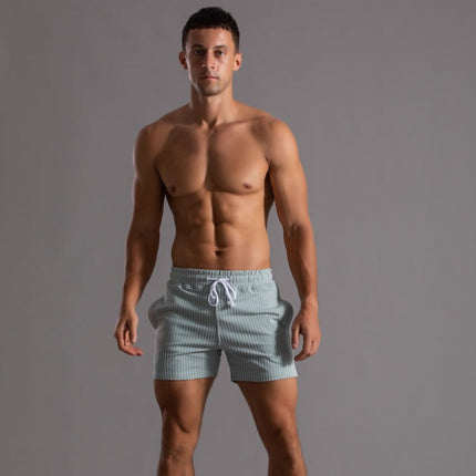 Men's Retro Polyester Ribbed Swim Shorts | Quick-Drying | Elastic Waist with Drawstring | Short Slim Fit | Inner Lining | Beige, Olive Green, Black