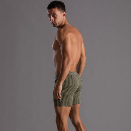 Men's Retro Polyester Ribbed Swim Shorts | Quick-Drying | Elastic Waist with Drawstring | Short Slim Fit | Inner Lining | Beige, Olive Green, Black